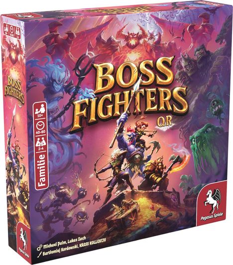 Auf einer bunten Spieleverpackung steht "Boss Fighters Q.R". Illustration: Helden kämpfen gegen Monster. Pegasus Spiele Logo.