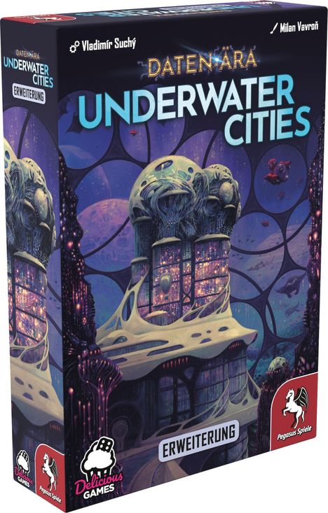 "Daten-Ära", "Underwater Cities" und "Erweiterung" in großen Buchstaben. Sci-Fi-Illustration mit futuristischen Unterwasserkuppeln.
