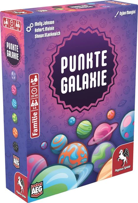 "Punkte Galaxie", Familienspiel für 1-5 Spieler, 10+, 15-40 Min. Bunte Planeten, Pegasus Spiele Logo mit Pegasus.