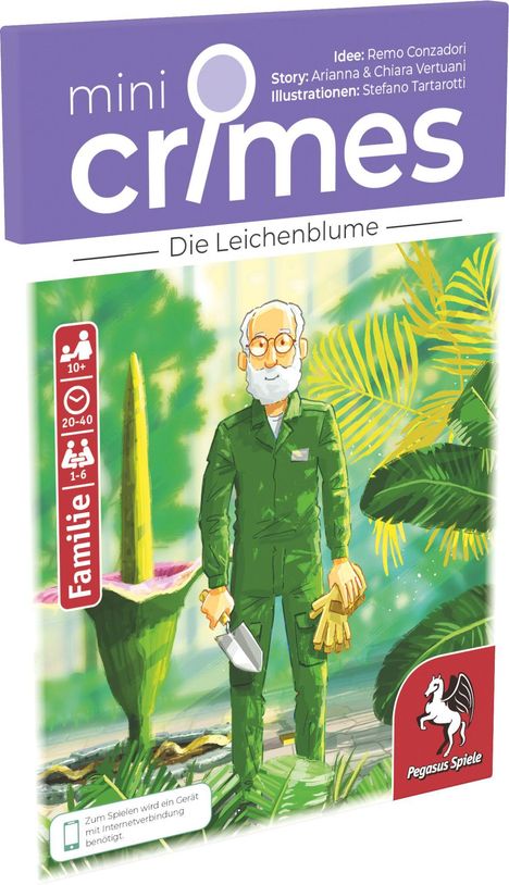 "mini crimes: Die Leichenblume". Ein Mann in grüner Kleidung mit Spaten, umgeben von tropischen Pflanzen. Pegasus Spiele-Logo.