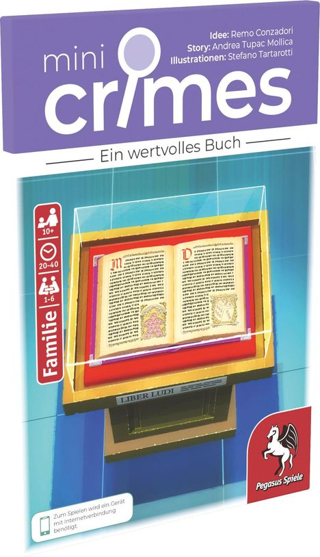 „mini crimes“, „Ein wertvolles Buch“, „Liber Ludi“, Familien-Illustration mit einem alten Buch unter einer Glasabdeckung.