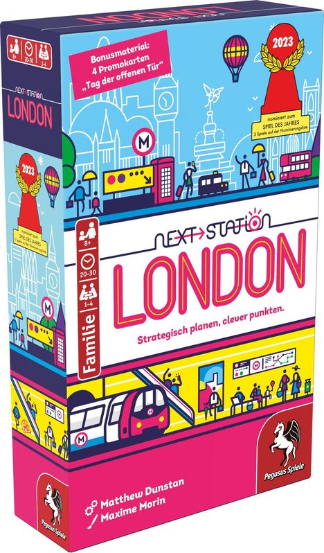 Text: "Next Station: London. Strategisch planen, clever punkten." Grafik einer stilisierten Stadt mit U-Bahn, Ballon und Symbolen.