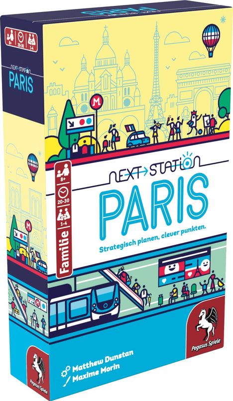 "Next Station: Paris. Strategisch planen, clever punkten. Familien-Spiel, 8+, 20-30 Min., 1-4. Pegasus Spiele Logo."