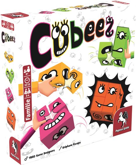 "CuBeez", Familie, 6+, 10-15, 2-4; bunte Würfel mit Gesichtern und Händen, Pegasus Spiele Logo.