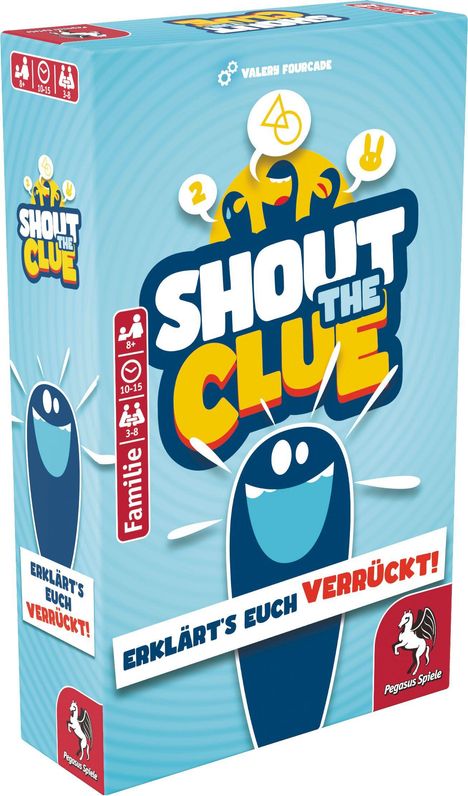 "SHOUT THE CLUE", "Erklärt's euch verrückt!", "Familie", "8+", "10-15", "3-8". Blaue Verpackung mit fröhlichen Figuren.