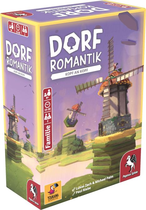 "Dorfromantik: Kopf an Kopf". Familien-Spiel, 8+, 15-30 Min., 2 Spieler. Illustration mit Windmühlen und Landschaft.