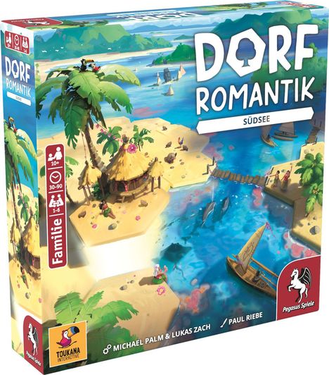 "DORF ROMANTIK SÜDSEE", farbenfrohe Illustration mit tropischer Insel, Palmen, Hütte, Boot und einem Fluss über Brücken.