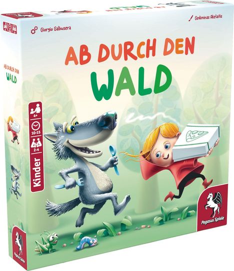 „AB DURCH DEN WALD“, Illustration: Wolf und Kind rennen, Kind trägt Pizzakarton.