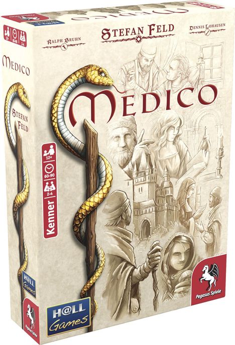 „Medico“, „Stefan Feld“, „Ralph Bruhn“, „Dennis Lohausen“. Illustration: mittelalterliche Figuren, goldene Schlange an einem Stab.