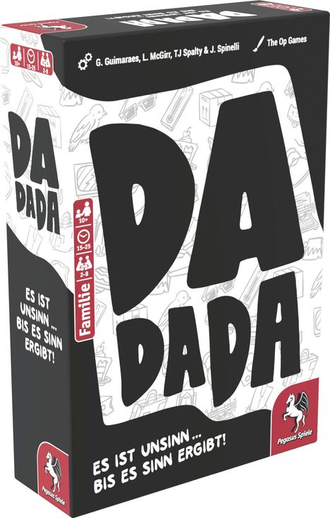 Spiel: DA DADA. "Es ist Unsinn... bis es Sinn ergibt!" Familienspiel, 10+, 15-25 Min, 2-8 Spieler. Pegasus Spiele Logo.