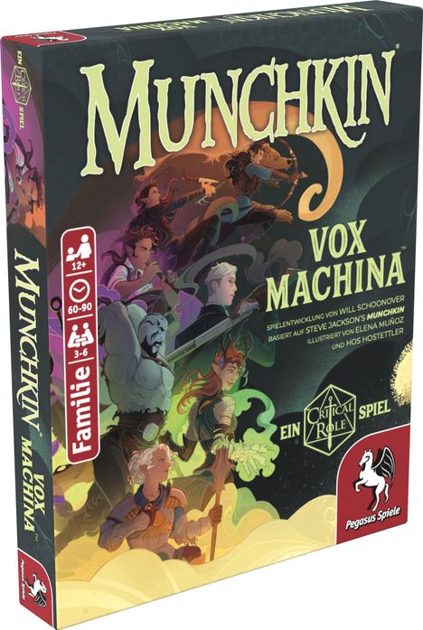 "Munchkin: Vox Machina", Illustrationen von Abenteurern, 12+, 60-90 Min., 3-6 Spieler, Pegasus Spiele-Logo.