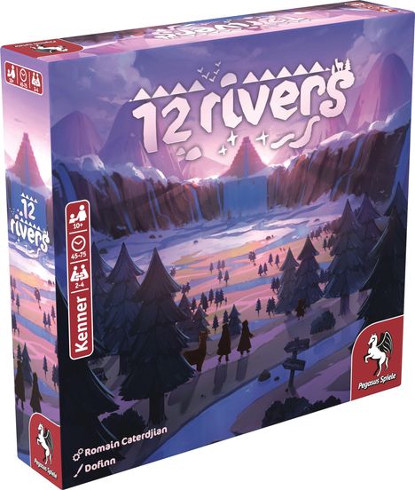„12 rivers“, für 2–4 Spieler, ab 10 Jahren, Dauer 45–75 Min. Illustration: Abendstimmung mit Bergen und Fluss.