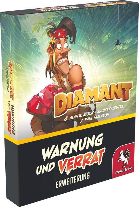 "Warnung und Verrat Erweiterung" steht groß auf der Box. Ein Abenteurer mit roten Edelsteinen und eine schwarze Spinne sind abgebildet.
