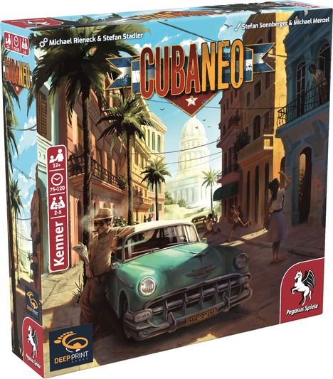 "Cubaneo" in großen Buchstaben, Autoren: Michael Rieneck, Stefan Stadler. Illustration: Straßenszene mit Oldtimer.