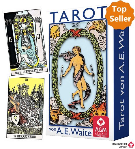 "Die Hohepriesterin", "Die Herrscherin", "Tarot von A. E. Waite", "Top Seller". Tarotkarten und Verpackung mit Illustrationen.