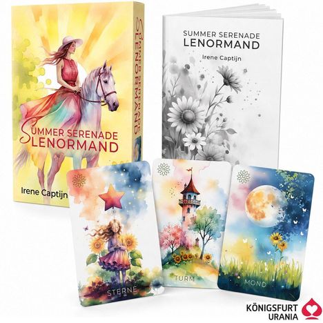 Texte: "STERN", "MOND", "SUMMER SERENADE LENORMAND", "Irene Captijn". Illustrationen: Mädchen mit Stern, Mond und Frau auf Pferd.