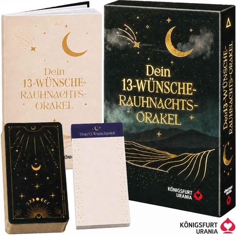 Text: "Dein 13-Wünsche-Rauhnachtsorakel." Ein nächtlicher Himmel mit Mond, Sternen und einem Kometen.