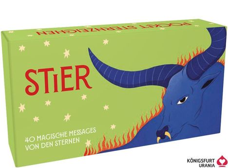 "STIER", "40 magische Messages von den Sternen". Illustration eines blauen Stiers mit langen Hörnern auf grünem Hintergrund.