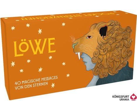 "LÖWE", "40 MAGISCHE MESSAGES VON DEN STERNEN." Ein orangener Hintergrund mit Sternen und ein Löwenkopf.
