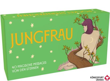 "JUNGFRAU", "40 Magische Messages von den Sternen". Illustrative Frau mit Baum, grüner Hintergrund, gelbe Sterne.