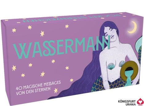 "WASSERMANN, 40 magische Messages von den Sternen." Illustration einer Frau mit langem Haar, umgeben von Sternen.