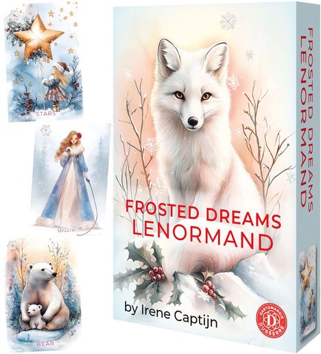 Text: "Frosted Dreams Lenormand by Irene Captijn." Illustration einer weißen Füchsin im Schnee, verziert mit Holly.