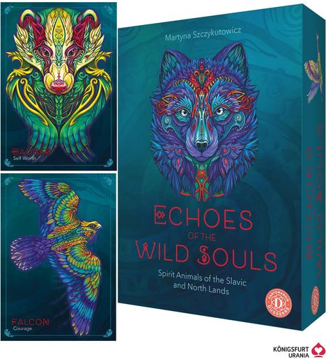 Auf grünem Hintergrund bunte Tierillustrationen: Ein Dachs für Selbstwert, ein Falke für Mut, und ein Wolf auf einer Kartonverpackung.