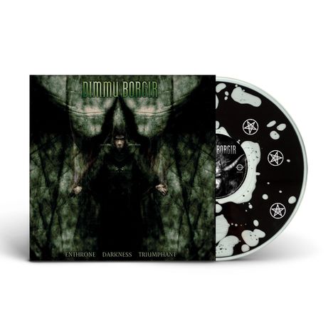 "Dimmu Borgir" und "Enthrone Darkness Triumphant" in grün vor einem düsteren, mystischen Design mit einer Gestalt.