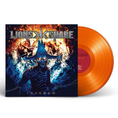 "LIONS SHARE" und "INFERNO" auf einem Plattencover. Eine furchterregende Figur vor Flammen und eine orangefarbene Vinyl.