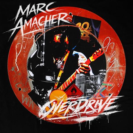 Text: "MARC AMACHER" und "OVERDRIVE". Intensives, rockiges Design mit einem Gitarristen und roten, dynamischen Elementen.