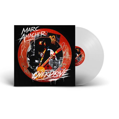 Die Texte "Marc Amacher" und "Overdrive" sind in einem dynamischen, künstlerischen Stil. Darstellung einer Schallplatte.