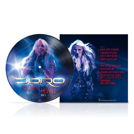 "DORO WILD AT HEART SIDE 1", gefolgt von einer Liste von Songs. Eine rockende Sängerin auf einer Vinylplatte.