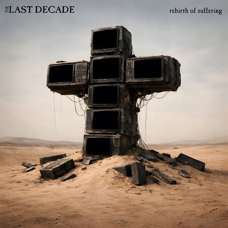 "THE LAST DECADE" oben links, "rebirth of suffering" oben rechts. Alte Fernseher formen ein Kreuz in einer Wüstenlandschaft.