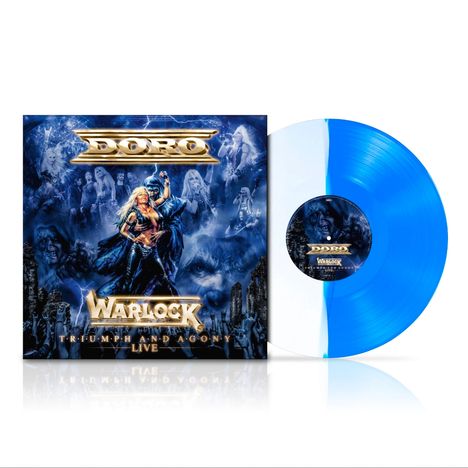 "Doro", "Warlock", "Triumph and Agony Live" in goldener Schrift, umgeben von fantastischen Figuren und blauen Tönen.