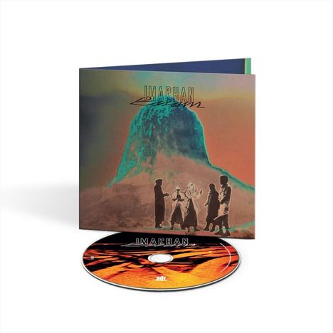 Text: "IMARHAN". Eine CD-Hülle mit surrealem Landschaftsbild und Menschen-Silhouetten. Die CD zeigt abstrakte, orange Muster.
