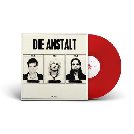 "Die Anstalt" in großer Schrift, darunter Bilder von drei Personen markiert als No.1, No.2, No.3. Rechts eine rote Vinyl-Schallplatte.