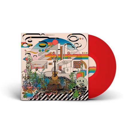 Buntes Cover mit abstrakten Formen, Pflanzen, Gitarre und Comics; eine leuchtend rote Vinyl-Schallplatte.