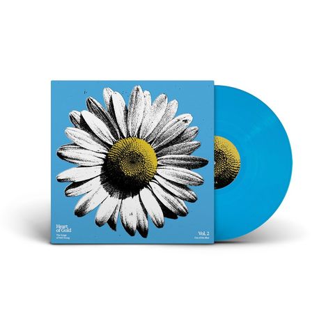 „Heart of Gold“, „Vol. 2“, „Out of the Blue“. Illustration einer Gänseblümchenblüte auf blauem Hintergrund.