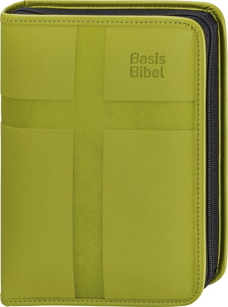 Text: "Basis Bibel." Hellgrüner Einband mit erhabenem Kreuzdesign und Reißverschluss auf der rechten Seite.