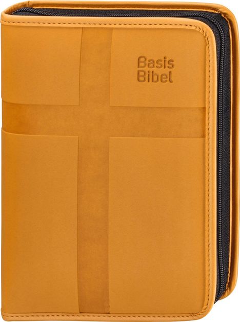 Text: "Basis Bibel". Ein orangenes Buch mit Kreuzmotiv und Reißverschluss.