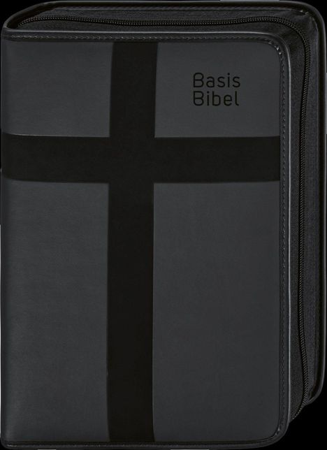 Text: "Basis Bibel". Dunkles Buchcover, schwarzes Kreuz als Design, Reißverschluss sichtbar.