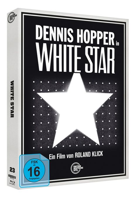 "Dennis Hopper in WHITE STAR. Ein Film von Roland Klick. FSK 16 freigegeben. Großes weißes Sternmotiv auf dunklem Hintergrund."