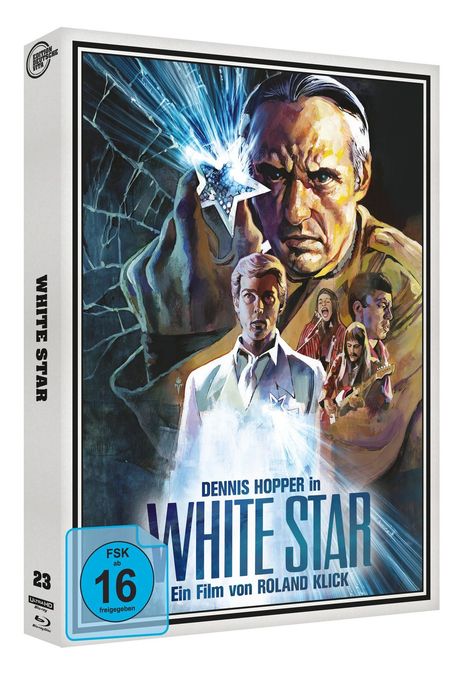 "Dennis Hopper in WHITE STAR, Ein Film von Roland Klick", Illustration eines Mannes mit Stern und Band im Hintergrund.