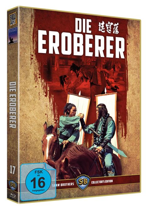 „DIE EROBERER“. Zwei Kämpfer in blauen Gewändern auf Pferden, kraftvoller Handgruß.