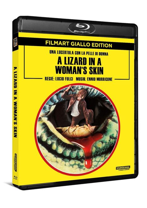 Titel: A Lizard in a Woman's Skin. Gelbes Cover, Frau mit Messer, dunkle, geheimnisvolle Atmosphäre.