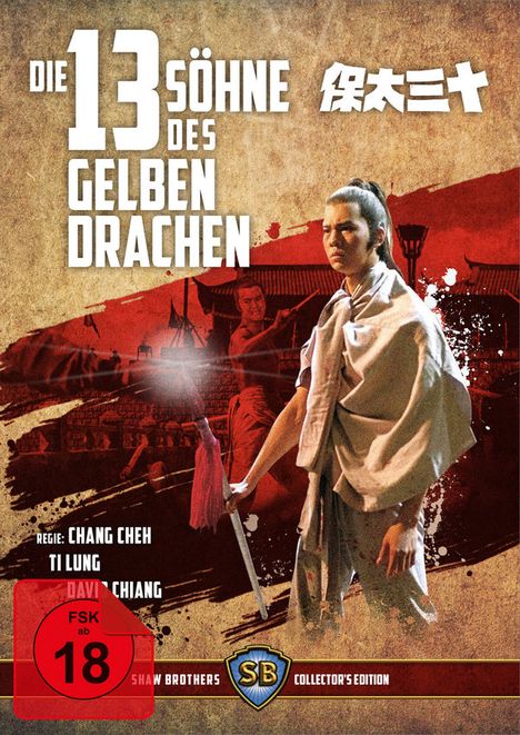 "Die 13 Söhne des gelben Drachen" zeigt einen Krieger mit Stock und historischem Hintergrund in Rot- und Brauntönen. Teller "FSK 18".