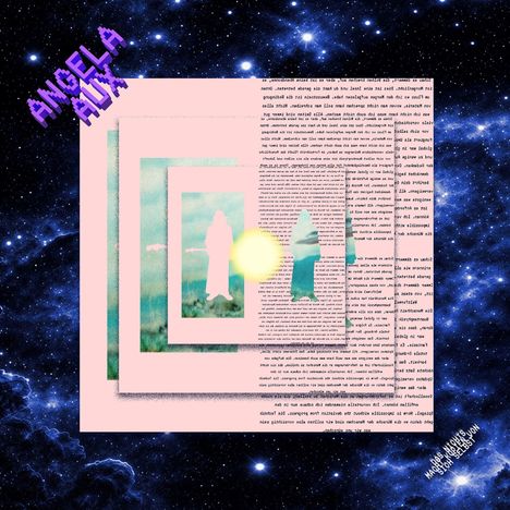 Der Text "ANGELA AUX" steht in lila Pixel-Schrift. Bild eines mystischen, schwebenden Wesens im Weltraum.