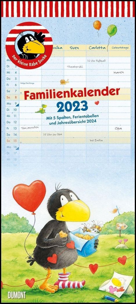 Nele Moost: Der kleine Rabe Socke Familienkalender 2023 - Wandkalender - Familienplaner mit 5 Spalten - Format 22 x 49,5 cm, Kalender