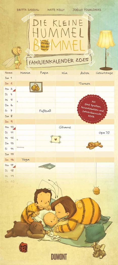 DUMONT - Die kleine Hummel Bommel Familienkalender 2025, 22x49,5cm, Familienplaner mit 5 Spalten, Ideen von Britta Sabbag &amp; Maite Kelly - Illustriert von Joëlle Tourlonias, Kalender