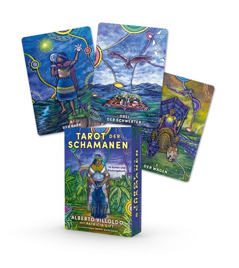 „TAROT DER SCHAMANEN“. Drei Karten: „Der Narr“, „Drei der Schwerter“, „Der Wagen“. Illustrationen mit mystischen Szenen.
